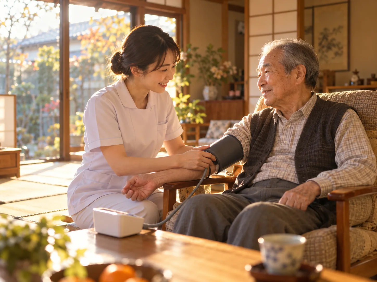 ご自宅で血圧を測る訪問介護の様子（コンセプトイメージ）